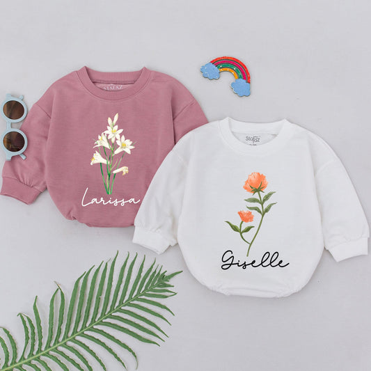 Personalized Birth Flower Romper for Baby Birthday Outfit Custom Newborn Girl Boy Natural Baby Clothes