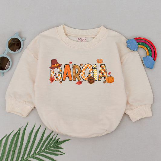 Personalized Garcia Thanksgiving Baby Romper, Pumpkin Patch 1st Birthday Outfit, Custom Fall Baby Clothes, Turkey & Leaves, Natural Spice Gift