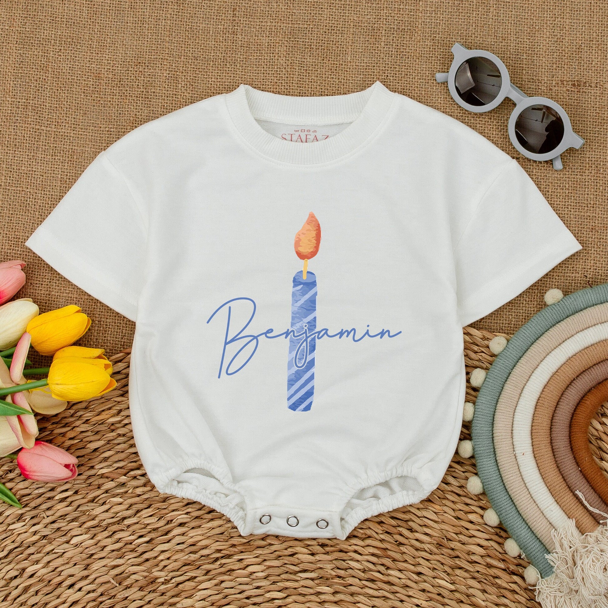 Custom Birthday Candle Romper Benjamin Blue Pink Stripes with Name Personalized Baby Girl First Birthday Outfit Short Sleeve Bubble