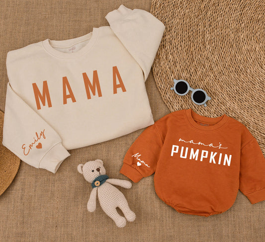 Mama & Mamas Pumpkin Matching Fall Sweatshirts Mommy and Me Outfits Emily Name Heart Baby Toddler