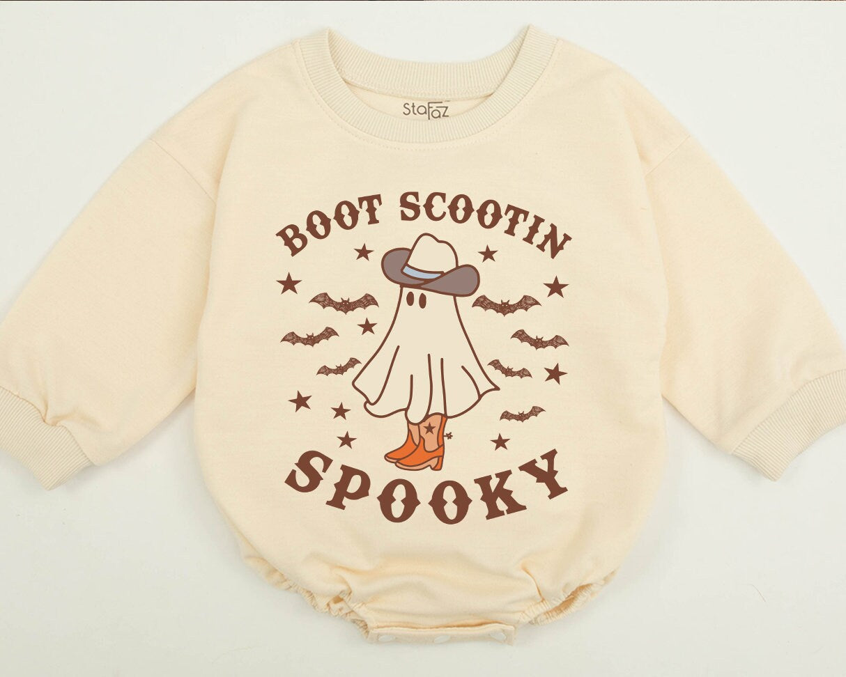 Boot Scootin' Spooky Sweatshirt: Cowboy Ghost Halloween Sweater with Bats & Stars, Retro Fall Style Gift