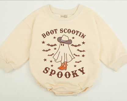 Boot Scootin' Spooky Sweatshirt: Cowboy Ghost Halloween Sweater with Bats & Stars, Retro Fall Style Gift
