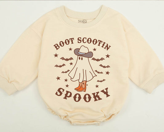 Boot Scootin' Spooky Sweatshirt: Cowboy Ghost Halloween Sweater with Bats & Stars, Retro Fall Style Gift