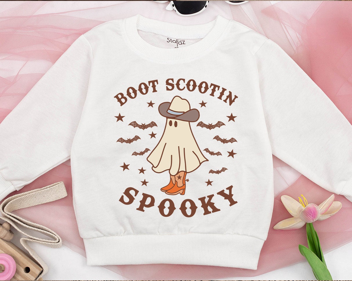 Boot Scootin' Spooky Sweatshirt: Cowboy Ghost Halloween Sweater with Bats & Stars, Retro Fall Style Gift