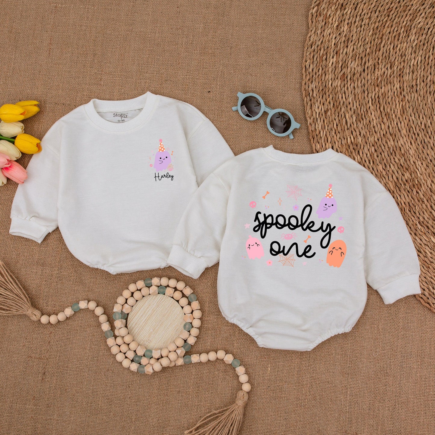 Custom Friendly Ghost & Spooky One Baby Romper Cute Halloween Ghost Bodysuit Halloween Birthday Baby Shower Fall Outfit