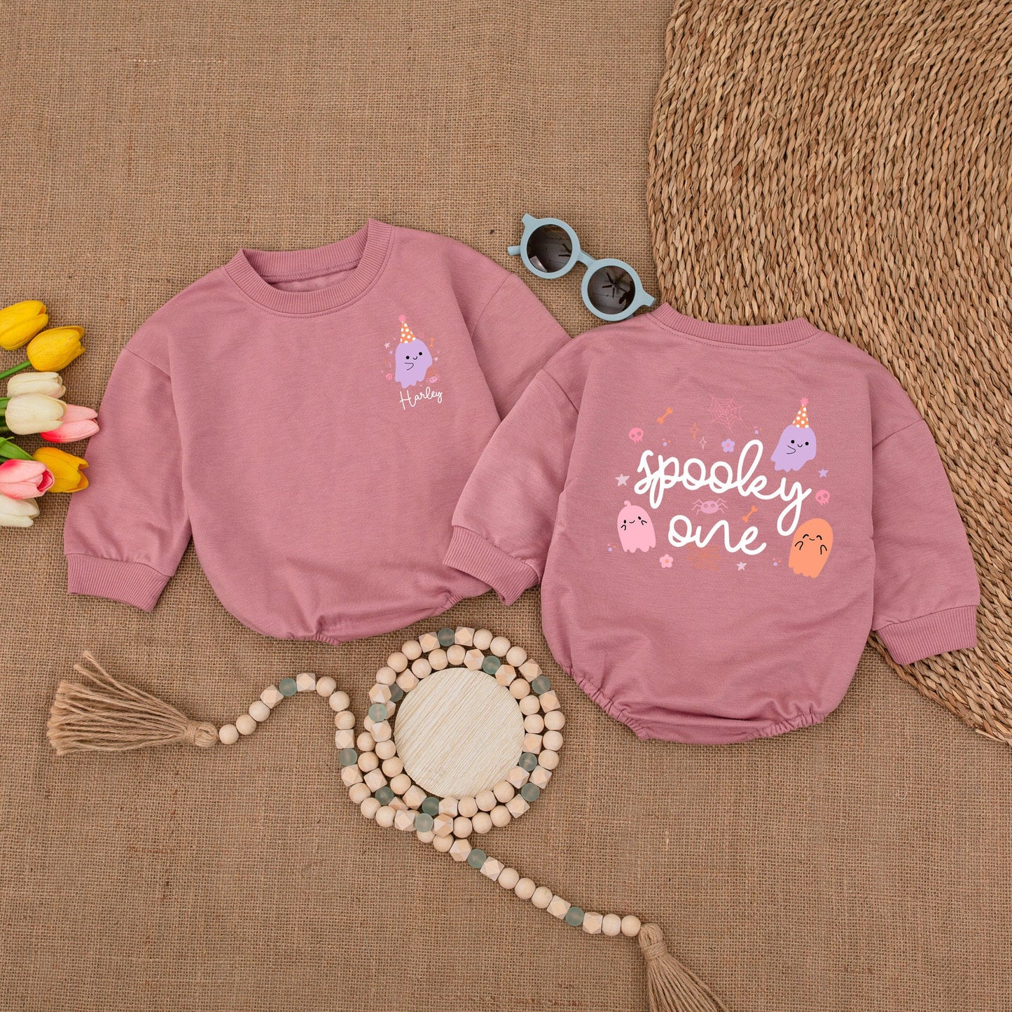 Custom Friendly Ghost & Spooky One Baby Romper Cute Halloween Ghost Bodysuit Halloween Birthday Baby Shower Fall Outfit