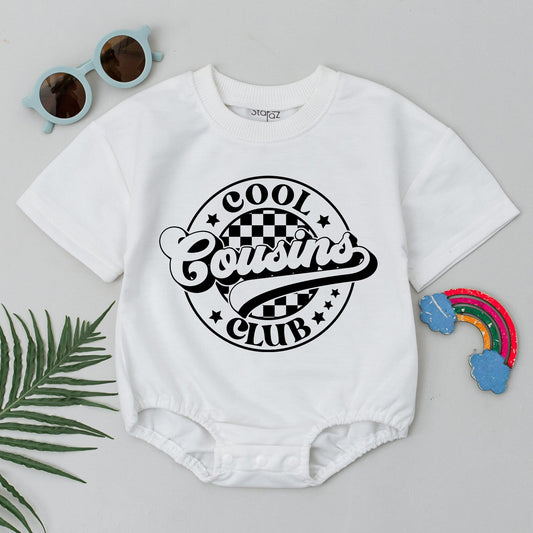 Cool Cousins Club Romper Retro Baby Outfit, Checkered Newborn Jumpsuit, Cousin Crew Bodysuit, Vintage Infant Clothes, Gender Neutral Gift 138