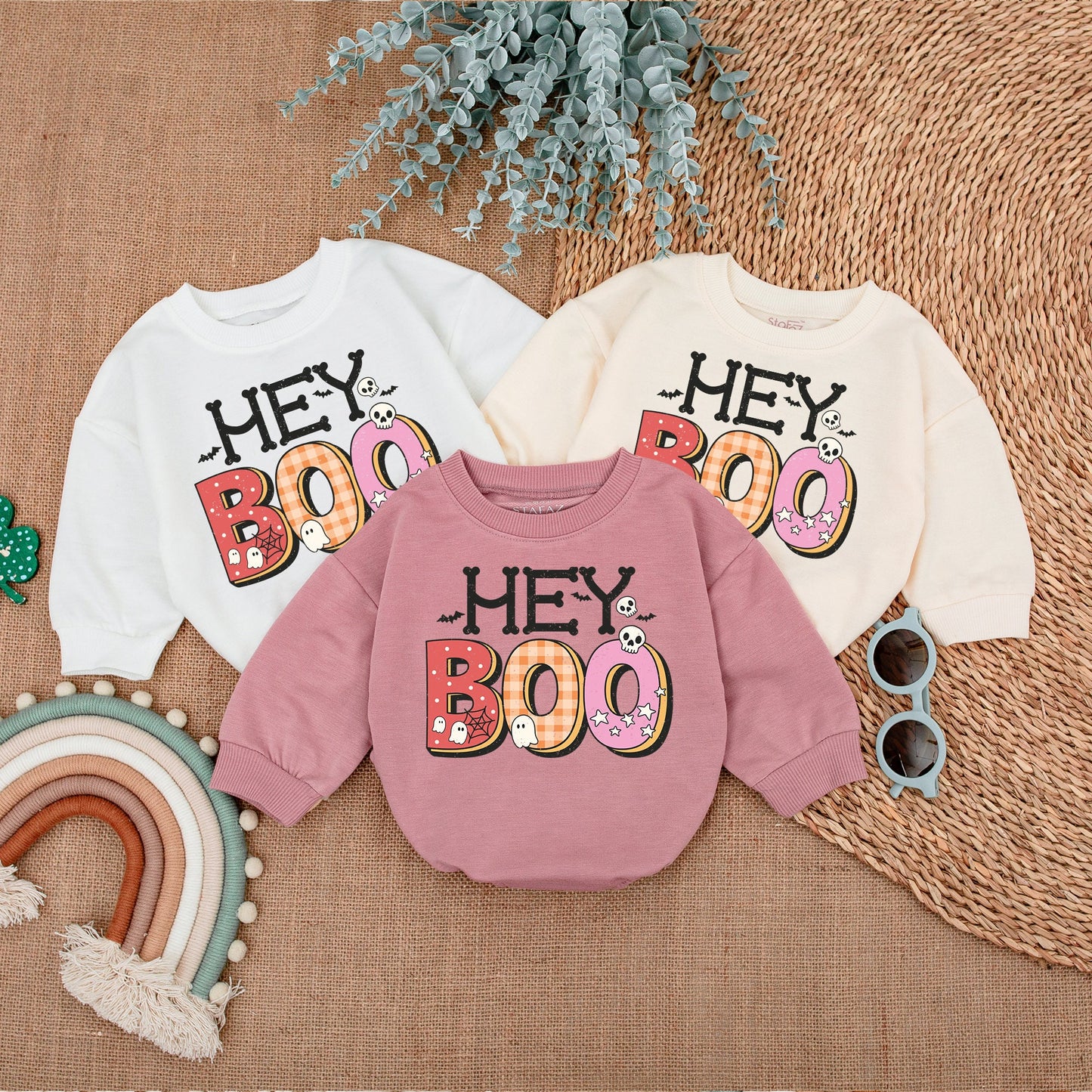 Hey Boo Retro Ghost Baby Bodysuit for Halloween Spooky Bats Skulls Spiderweb Design with Patterned Boo Text Polka Dots Plaid Stars Cute Infant Romper First Halloween Outfit