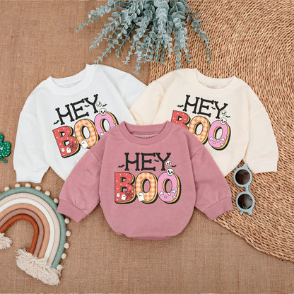 Hey Boo Retro Ghost Baby Bodysuit for Halloween Spooky Bats Skulls Spiderweb Design with Patterned Boo Text Polka Dots Plaid Stars Cute Infant Romper First Halloween Outfit