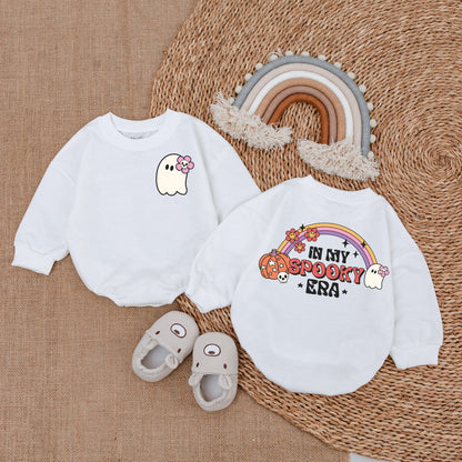 Spooky Cute Baby Romper: In My Spooky Era Bodysuit with Retro Ghost and Flowers First Halloween Outfit Pink Orange Baby Clothes Halloween Gift 138 chars