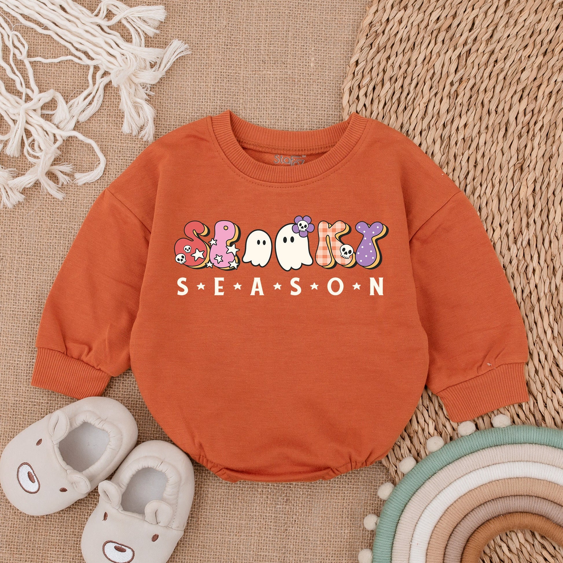 Cute Spooky Season Baby Bodysuit - Retro Halloween Romper with Ghosts, Skulls & Stars - First Halloween Outfit, Fall Baby Clothes, Soft Infant Clothing