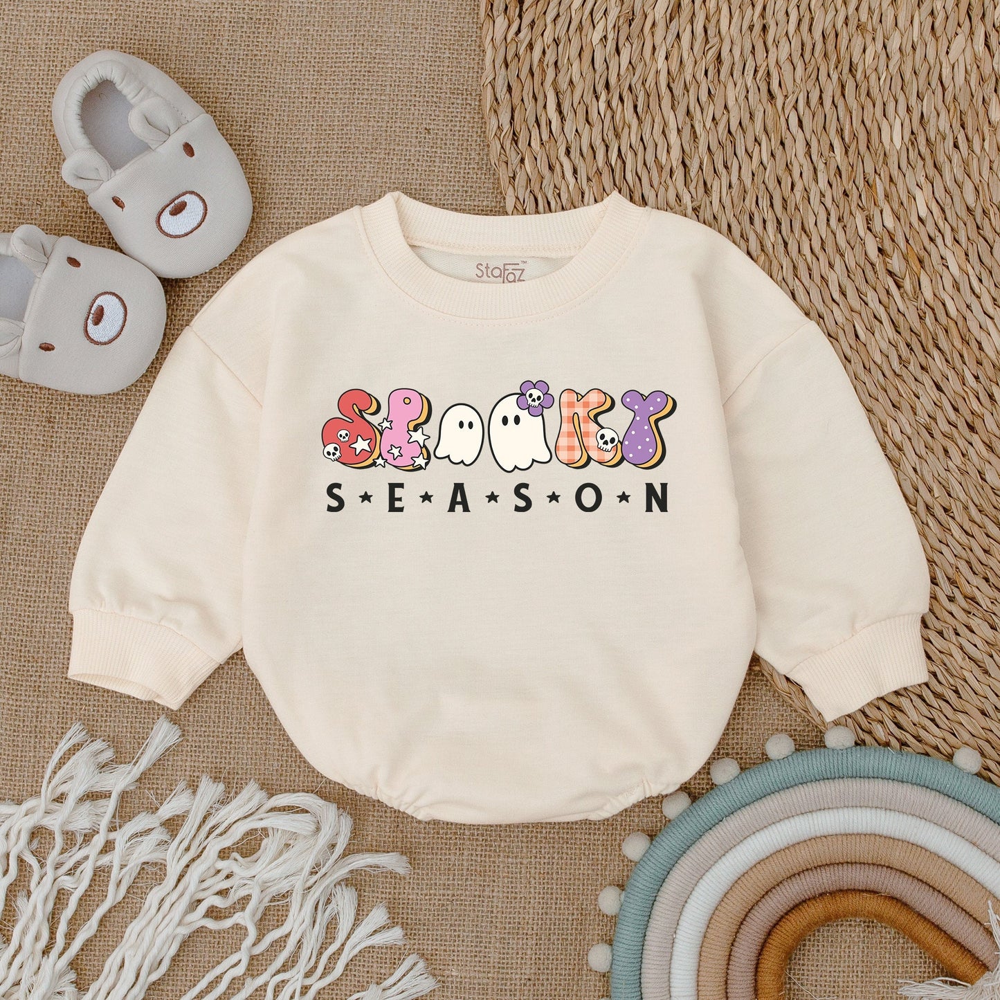 Cute Spooky Season Baby Bodysuit - Retro Halloween Romper with Ghosts, Skulls & Stars - First Halloween Outfit, Fall Baby Clothes, Soft Infant Clothing