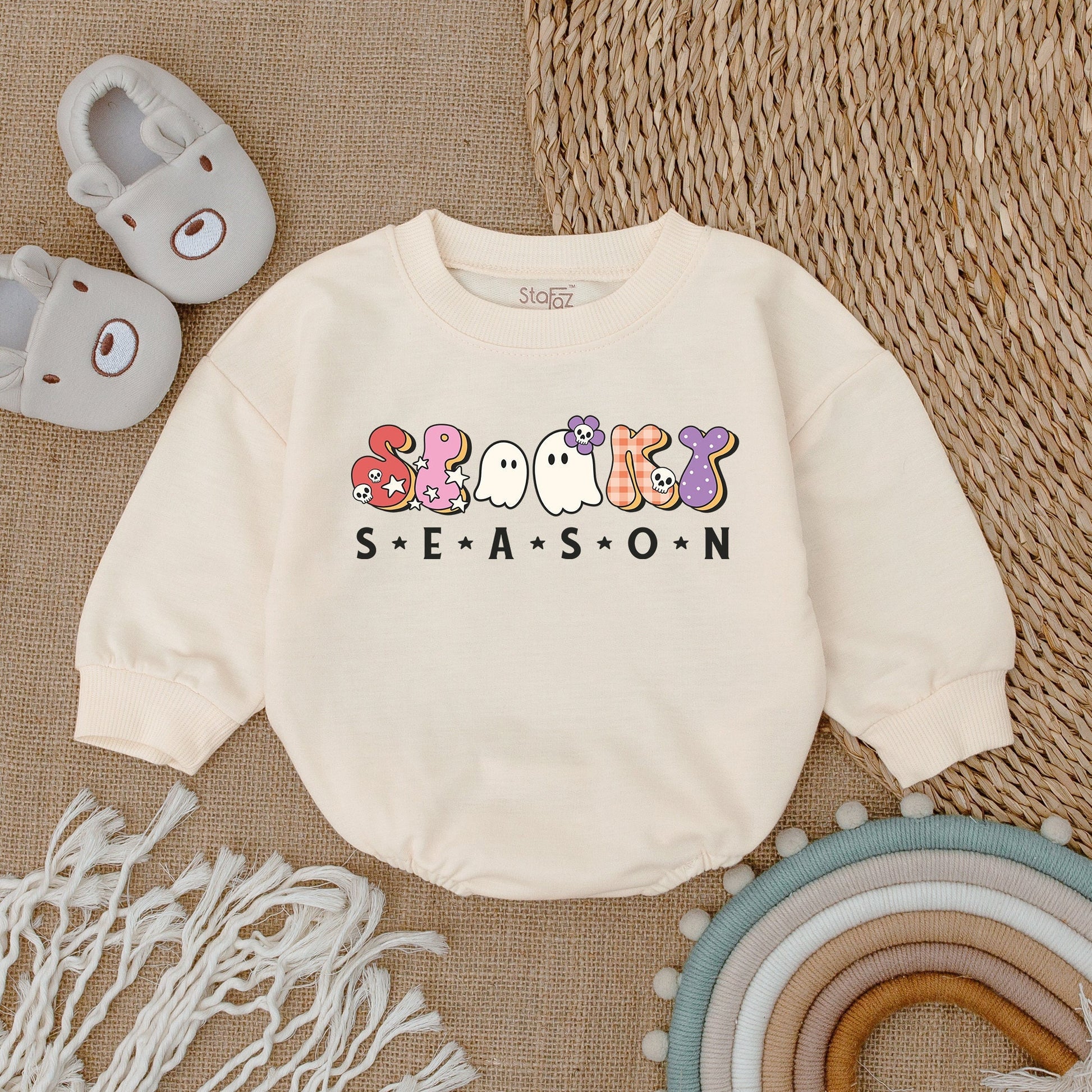 Cute Spooky Season Baby Bodysuit - Retro Halloween Romper with Ghosts, Skulls & Stars - First Halloween Outfit, Fall Baby Clothes, Soft Infant Clothing