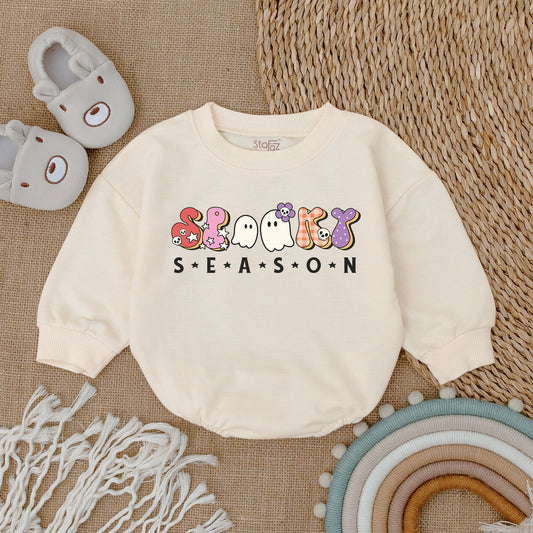 Cute Spooky Season Baby Bodysuit - Retro Halloween Romper with Ghosts, Skulls & Stars - First Halloween Outfit, Fall Baby Clothes, Soft Infant Clothing