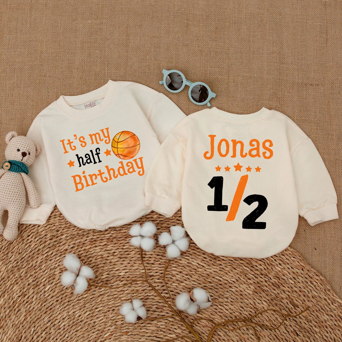 Custom Half Birthday Basketball Romper Boy 6 Months Outfit 1/2 Birthday Baby Clothes Sports Birthday Gift Personalized