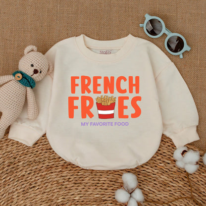French Fries Baby Romper: Funny Unisex Bodysuit with Orange Food Design, My Favorite Food Quote, New Baby Gift, Bubble Romper