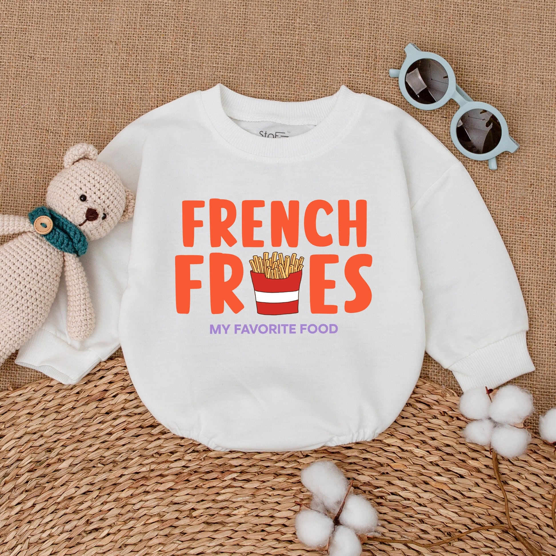 French Fries Baby Romper: Funny Unisex Bodysuit with Orange Food Design, My Favorite Food Quote, New Baby Gift, Bubble Romper