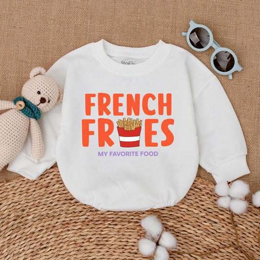 French Fries Baby Romper: Funny Unisex Bodysuit with Orange Food Design, My Favorite Food Quote, New Baby Gift, Bubble Romper
