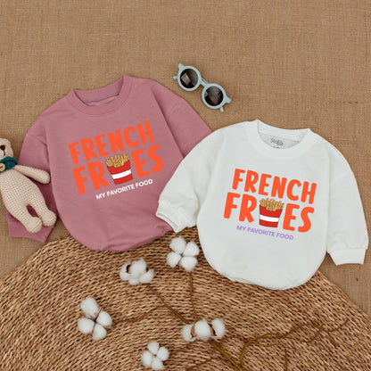 French Fries Baby Romper: Funny Unisex Bodysuit with Orange Food Design, My Favorite Food Quote, New Baby Gift, Bubble Romper