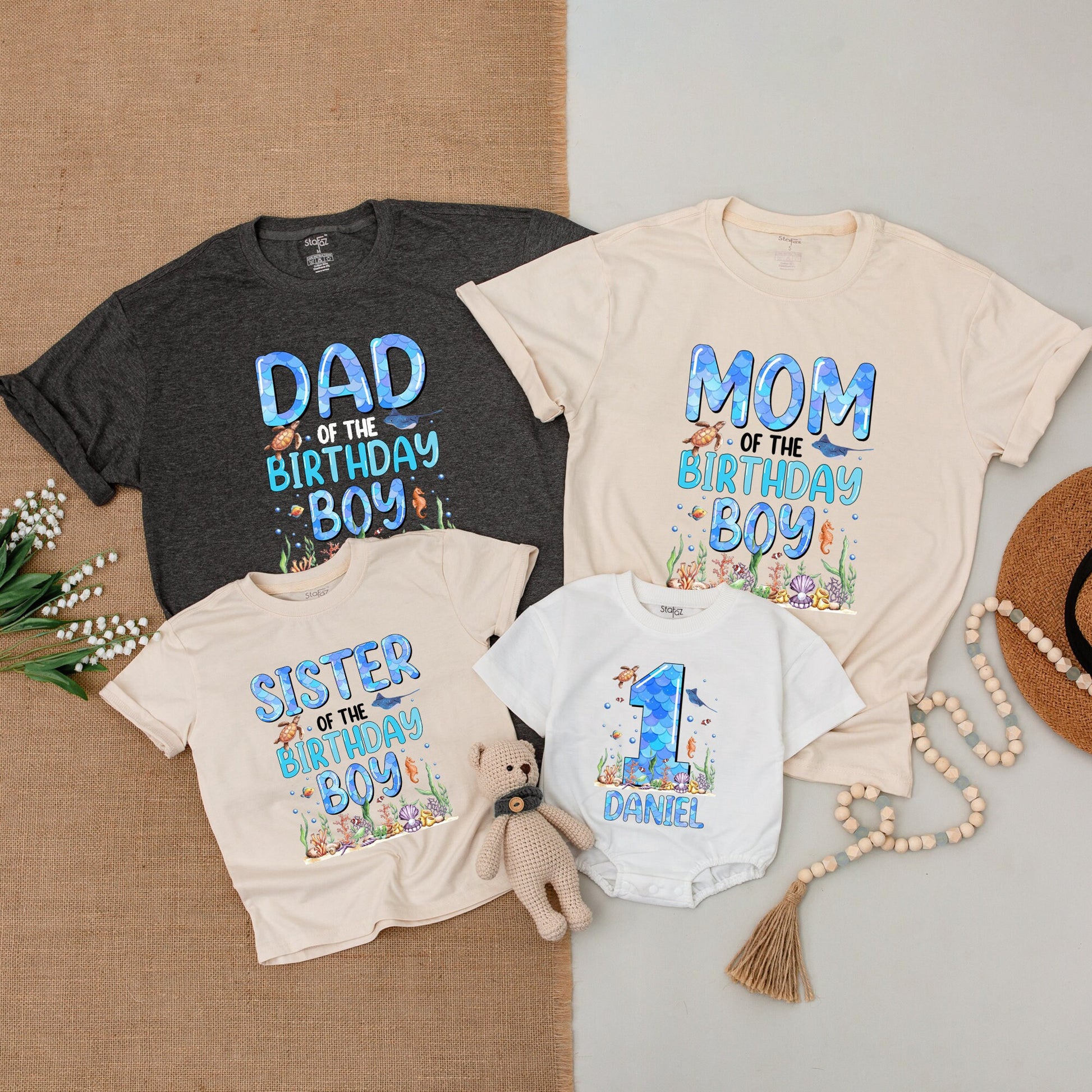 Matching Family Ocean Birthday Shirts, "Of the Birthday Boy" Sea Creatures, 1st Baby Bodysuit, Custom Daniel