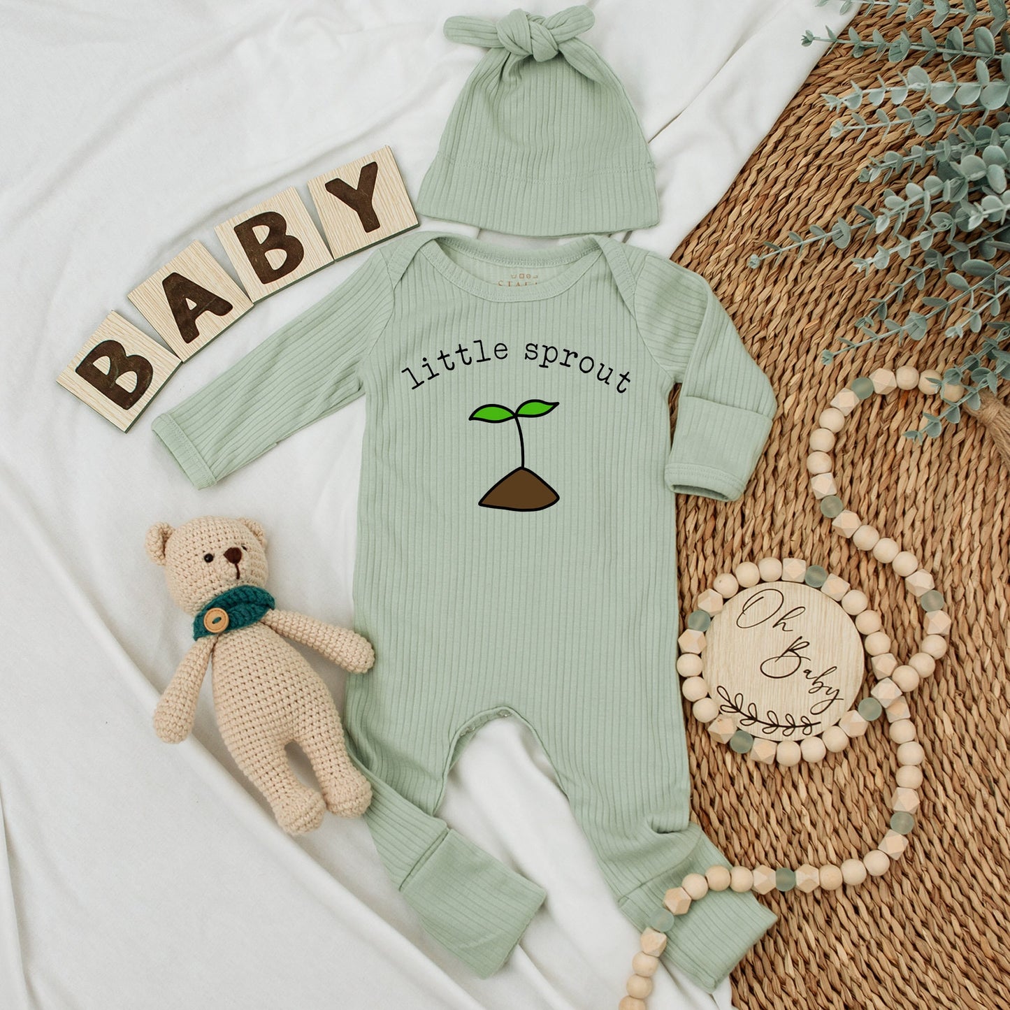 Little Sprout Baby Bodysuit and Hat Set Cute Plant Growing Minimalist Newborn Outfit Perfect Baby Shower Gift