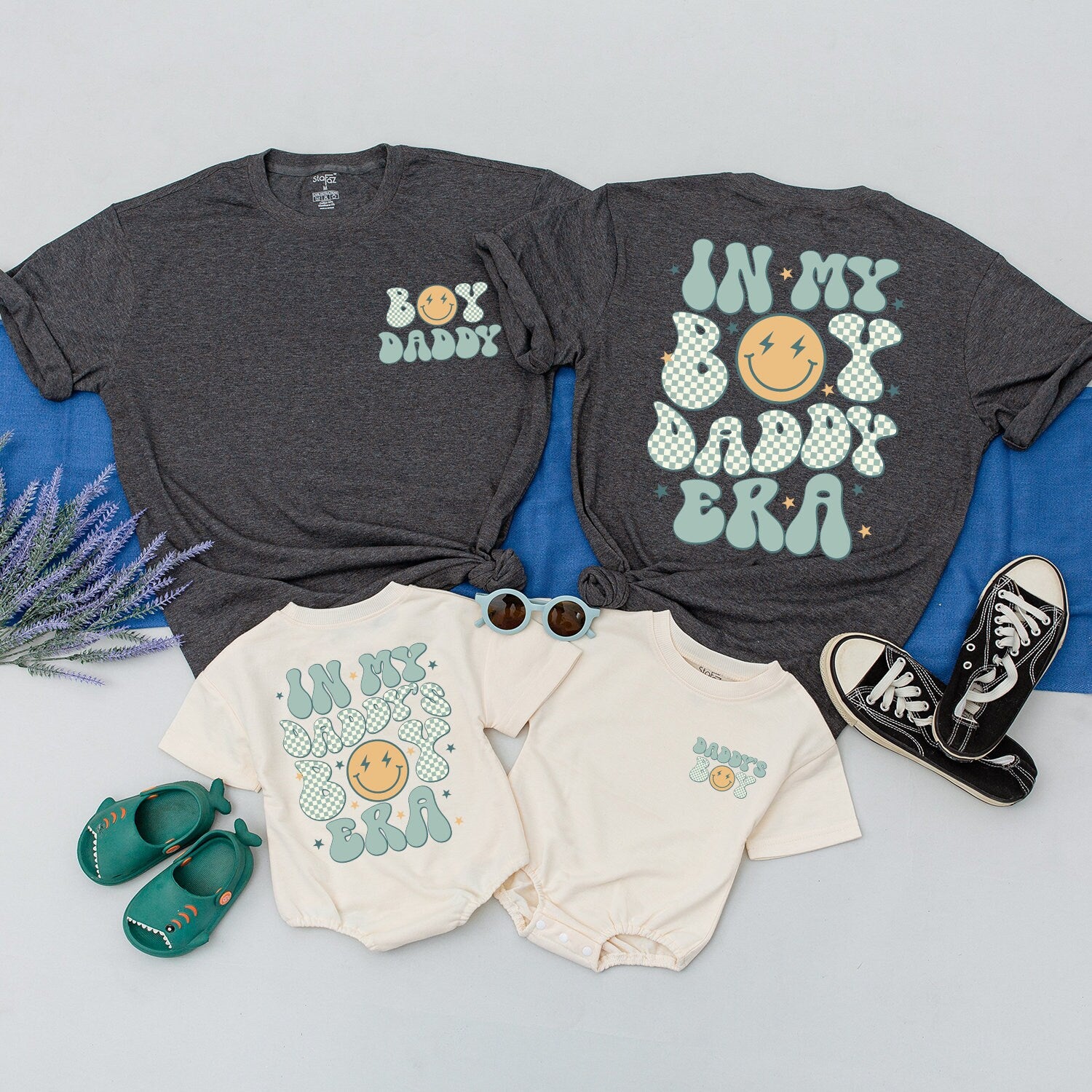 In My Boy Daddy Era & Daddy's Boy Matching Shirts Fun Retro Blue Green Orange Star Lightning Bolt Graphics First Father's Day Gift Outfits for Dad and Son