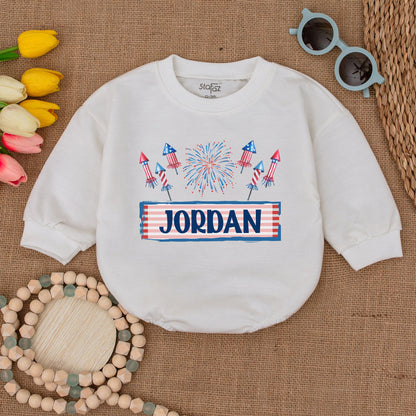 Custom American Firework Romper Personalized Name Patriotic Fourth of July Bodysuit Newborn Bubble Outfit