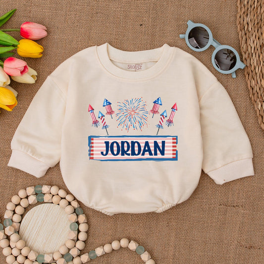 Custom American Firework Romper Personalized Name Patriotic Fourth of July Bodysuit Newborn Bubble Outfit