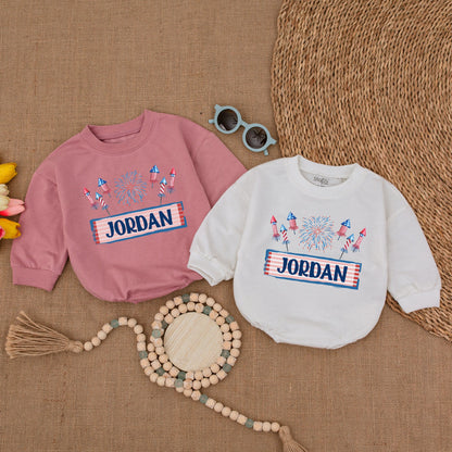 Custom American Firework Romper Personalized Name Patriotic Fourth of July Bodysuit Newborn Bubble Outfit
