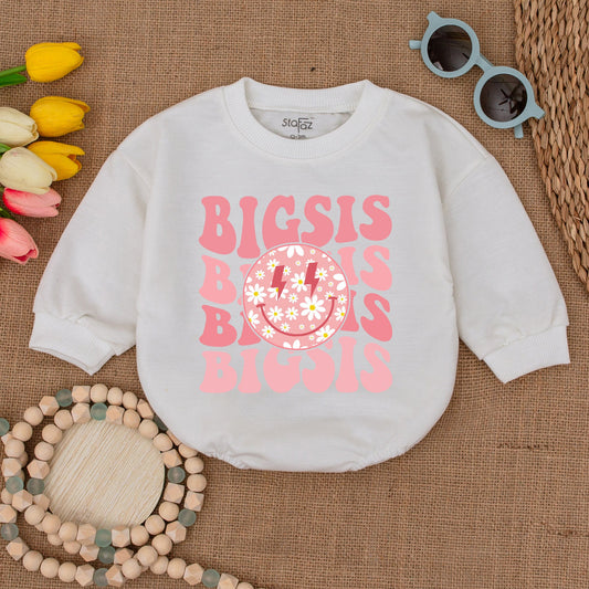 Big Sister Daisy Smile Face Baby Bubble Romper Pink Retro Wavy 'BIG SIS' Design with Red Lightning Bolts Soft Cotton Bodysuit Pregnancy Announcement New Baby Gift