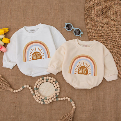 Baby Rainbow Sun Romper "Here Comes The Sun" Bubble Romper Minimalist Boho Summer Baby Clothes Gender Neutral Newborn Gift