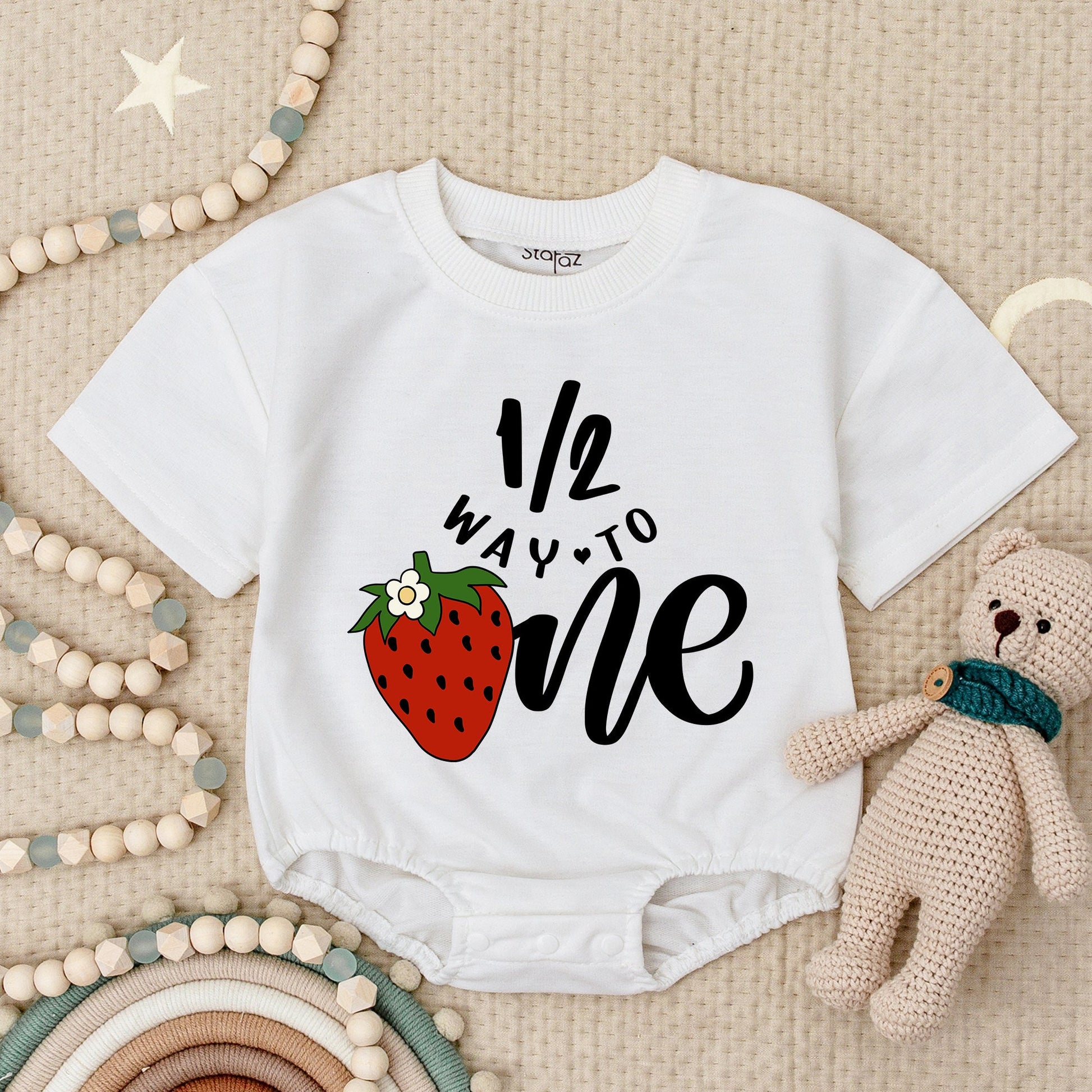 Strawberry Half Birthday Romper Baby Girl, 1/2 Way to One Outfit, Berry Sweet First Birthday Bodysuit, Cute Summer Celebration Clothing 12M