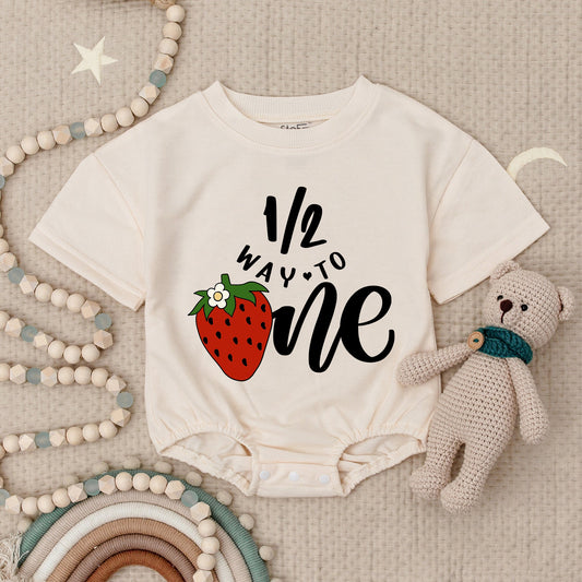 Strawberry Half Birthday Romper Baby Girl, 1/2 Way to One Outfit, Berry Sweet First Birthday Bodysuit, Cute Summer Celebration Clothing 12M