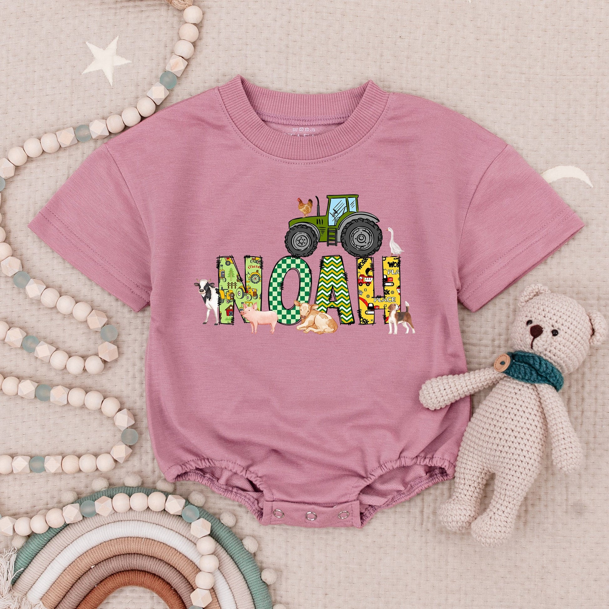 Personalized Tractor Name Baby Boy Birthday Bubble Romper Bodysuit