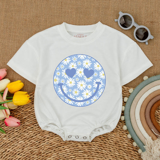 Daisy Smile Romper: Floral Smiley Face Bodysuit for Baby Girls