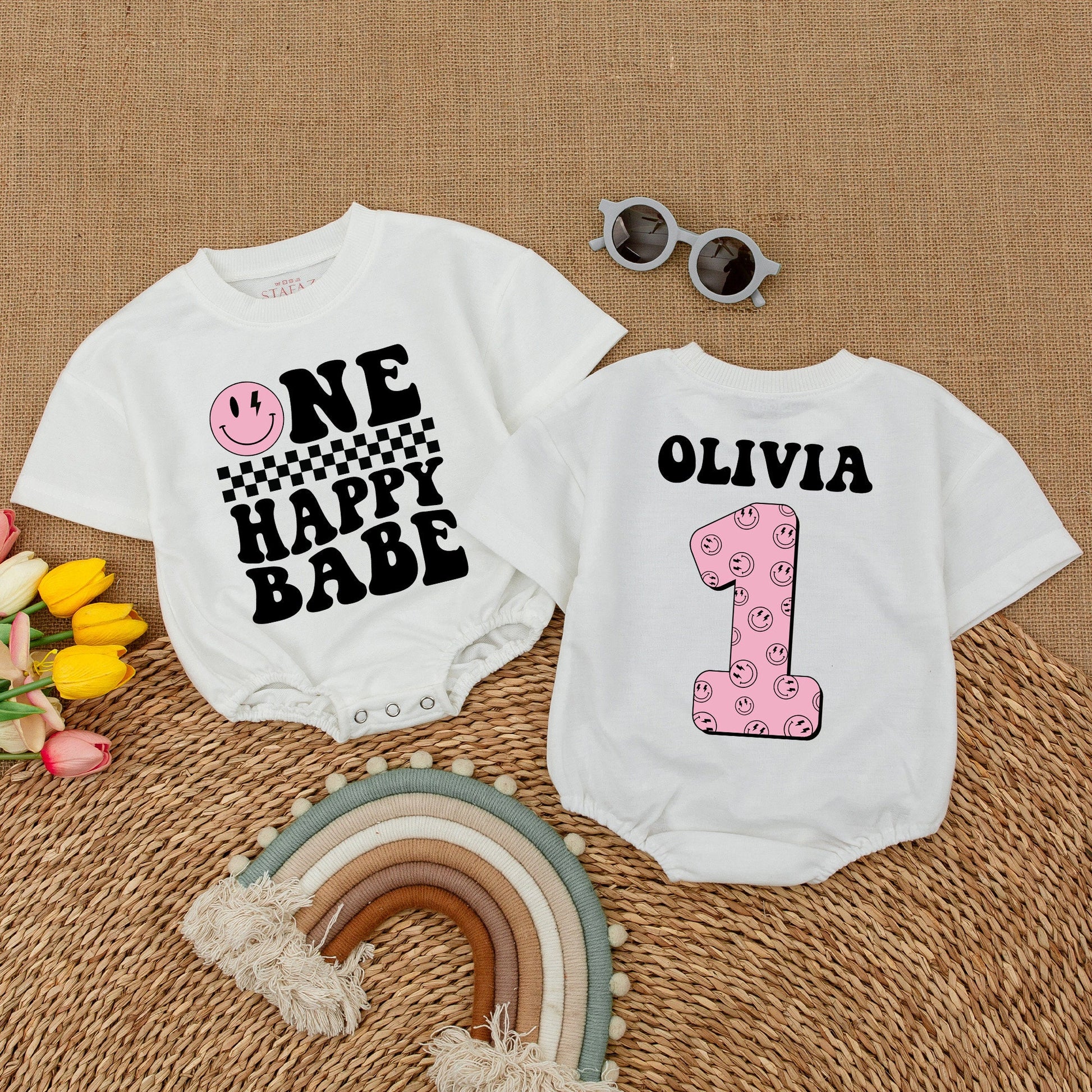 Personalized One Happy Babe Romper: Retro Groovy First Birthday Outfit, Checkered Smiley Face, Lightning Bolt Eyes, Custom Name, Matching Family Celebration (139 chars)