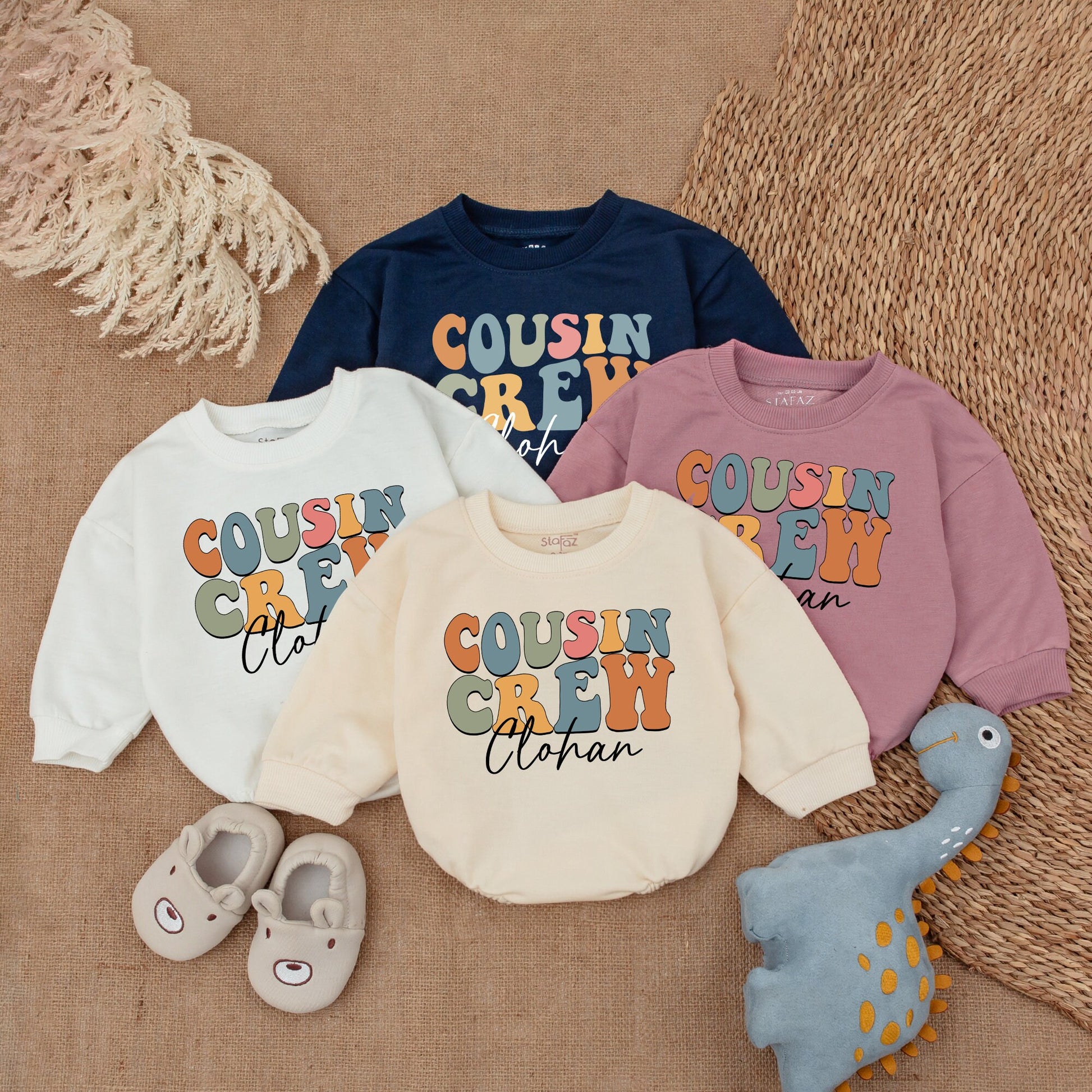 Cousin Crew Shirts for Kids & Babies, Personalized Matching Family Outfits, Retro Pastel Infant Romper Clothes, Soft Vintage Design with Name, Fun Gift Idea