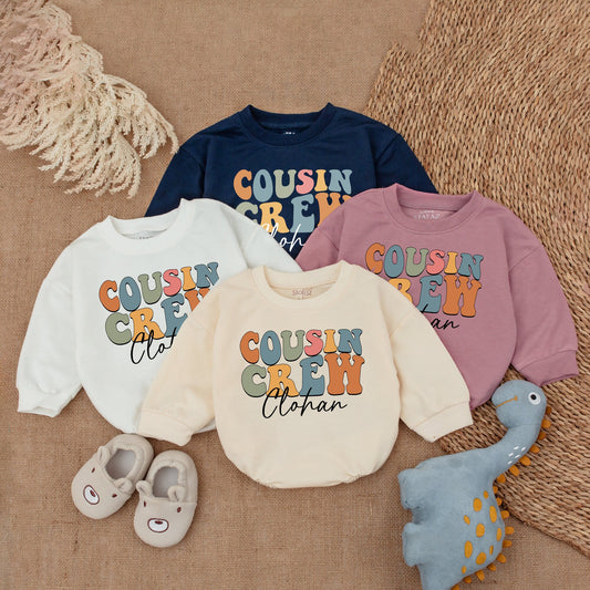 Cousin Crew Shirts for Kids & Babies, Personalized Matching Family Outfits, Retro Pastel Infant Romper Clothes, Soft Vintage Design with Name, Fun Gift Idea