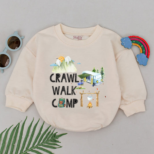 Crawl Walk Camp Romper Baby Bodysuit Watercolor Mountain Adventure Outfit Natural Baby Shower Gift Tiny Adventurer