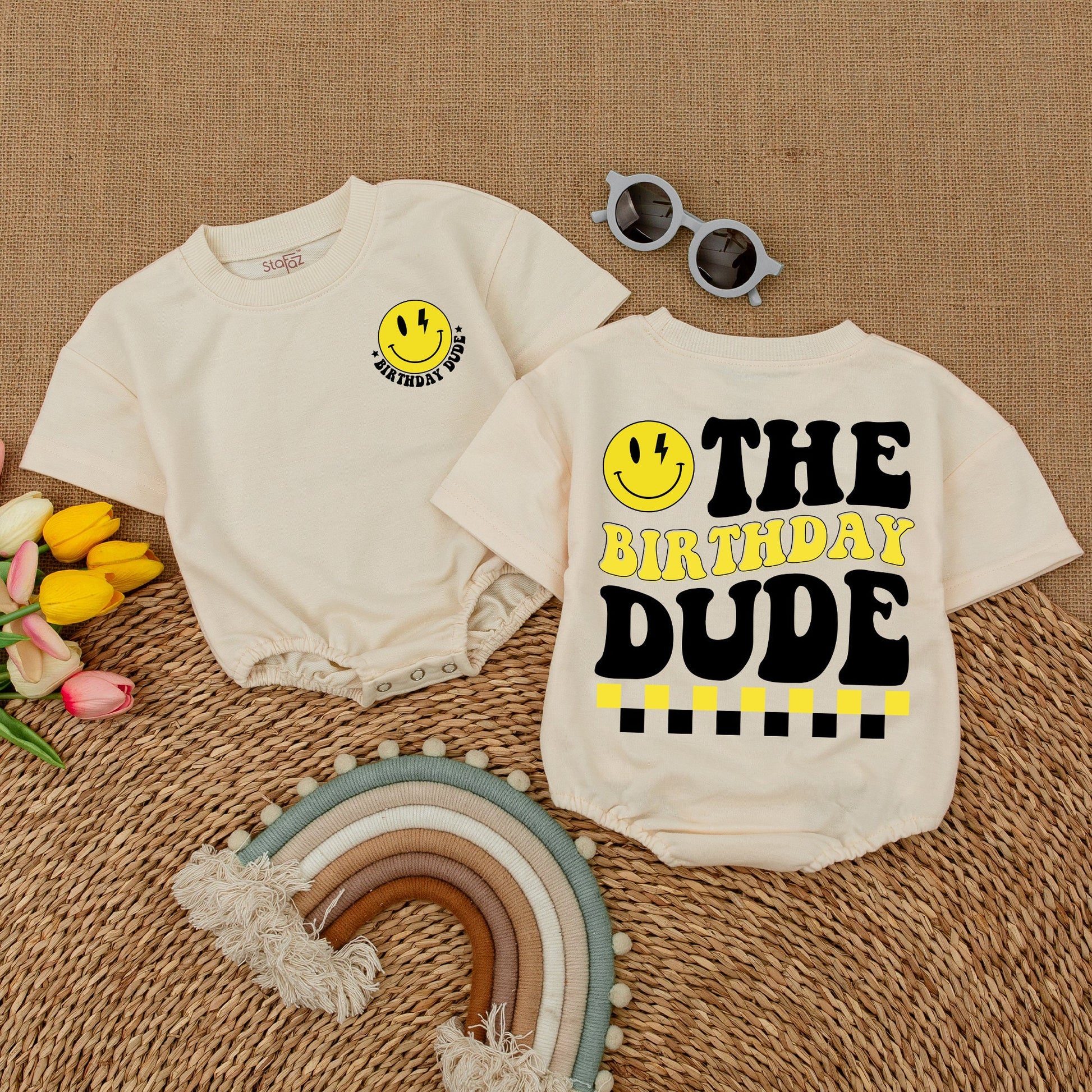 Birthday Dude Baby Romper: One Happy Boy, Smiley Face & Lightning Bolt Design, First Birthday Outfit, Cake Smash, Yellow & Black, Retro, Comfortable