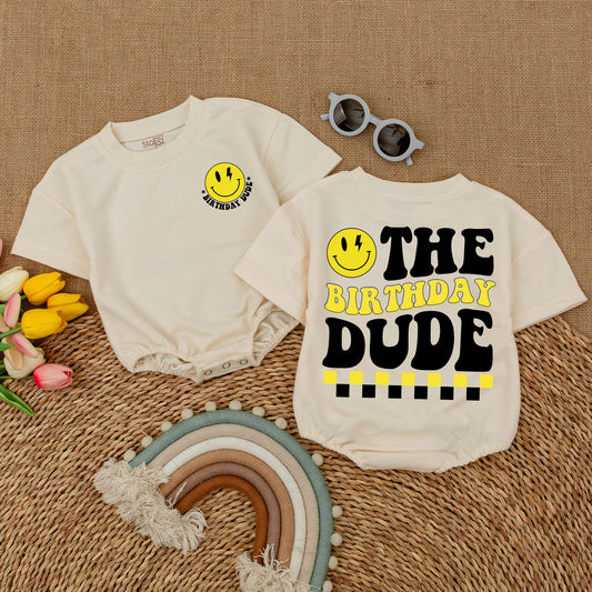Birthday Dude Baby Romper: One Happy Boy, Smiley Face & Lightning Bolt Design, First Birthday Outfit, Cake Smash, Yellow & Black, Retro, Comfortable