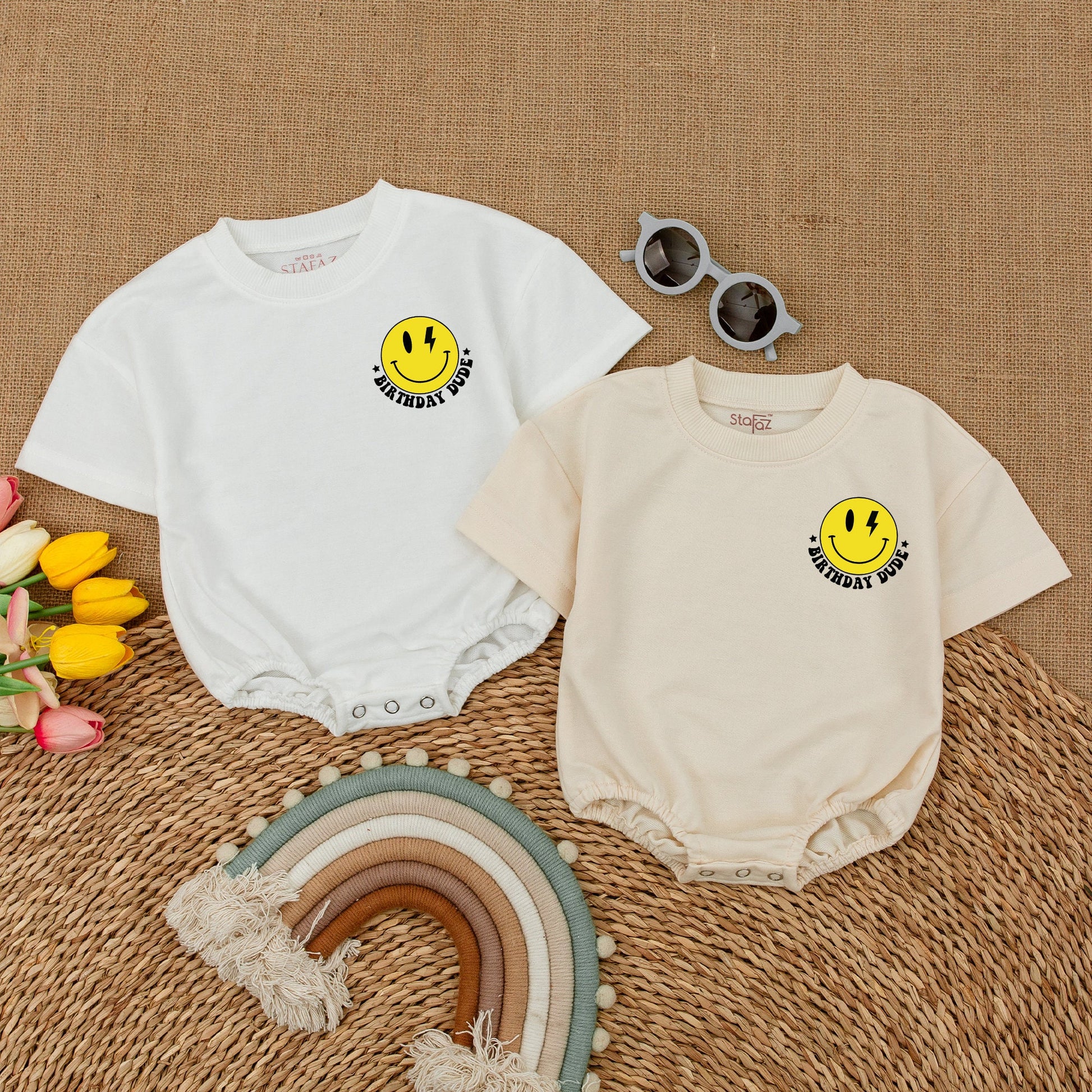 Birthday Dude Baby Romper: One Happy Boy, Smiley Face & Lightning Bolt Design, First Birthday Outfit, Cake Smash, Yellow & Black, Retro, Comfortable