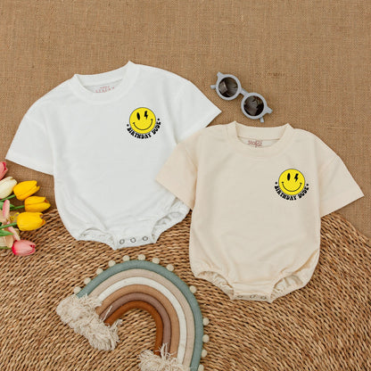 Birthday Dude Baby Romper: One Happy Boy, Smiley Face & Lightning Bolt Design, First Birthday Outfit, Cake Smash, Yellow & Black, Retro, Comfortable