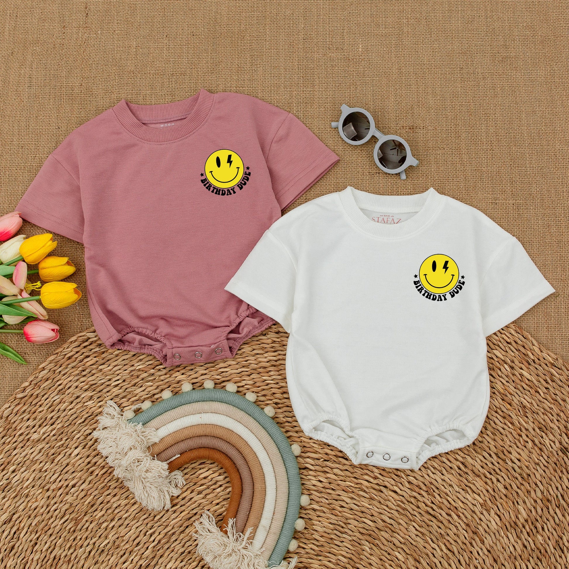Birthday Dude Baby Romper: One Happy Boy, Smiley Face & Lightning Bolt Design, First Birthday Outfit, Cake Smash, Yellow & Black, Retro, Comfortable