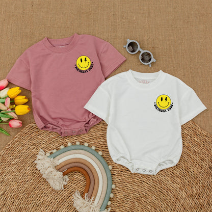 Birthday Dude Baby Romper: One Happy Boy, Smiley Face & Lightning Bolt Design, First Birthday Outfit, Cake Smash, Yellow & Black, Retro, Comfortable