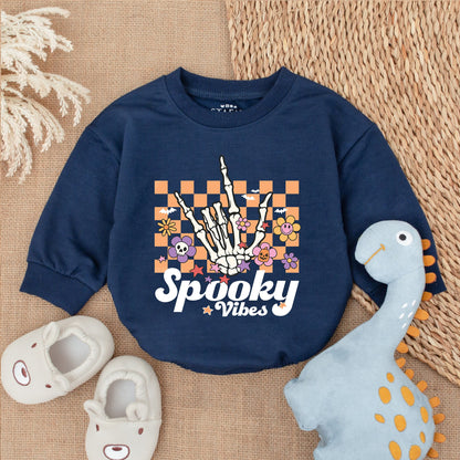 Spooky Vibes Baby Romper - Retro Halloween Outfit for Baby Boy or Girl, Comfortable Bubble Romper with Stars & Bats, My First Halloween Clothes