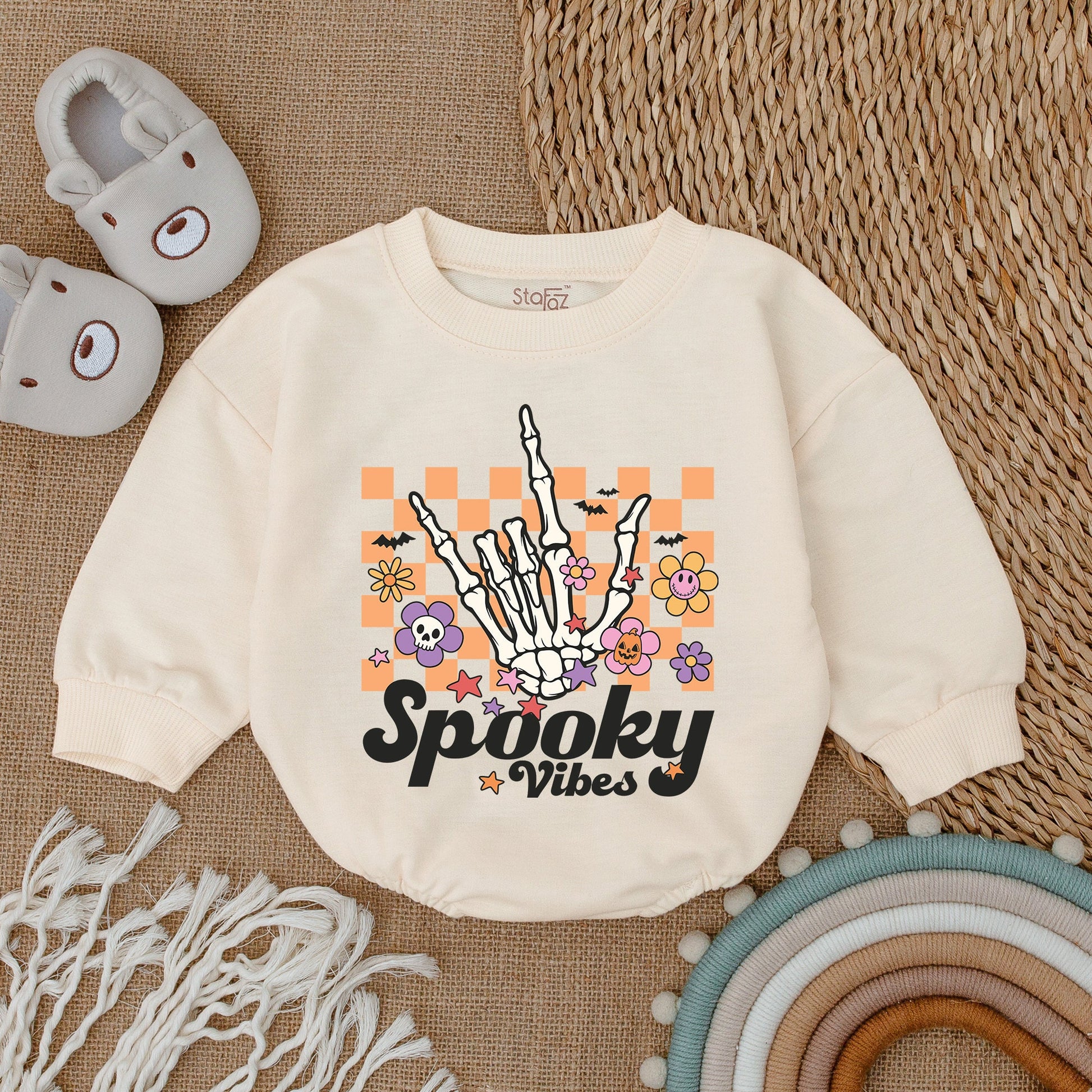 Spooky Vibes Baby Romper - Retro Halloween Outfit for Baby Boy or Girl, Comfortable Bubble Romper with Stars & Bats, My First Halloween Clothes