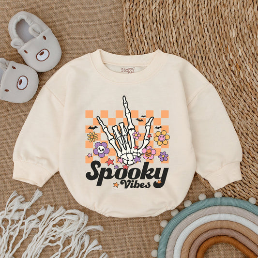 Spooky Vibes Baby Romper - Retro Halloween Outfit for Baby Boy or Girl, Comfortable Bubble Romper with Stars & Bats, My First Halloween Clothes
