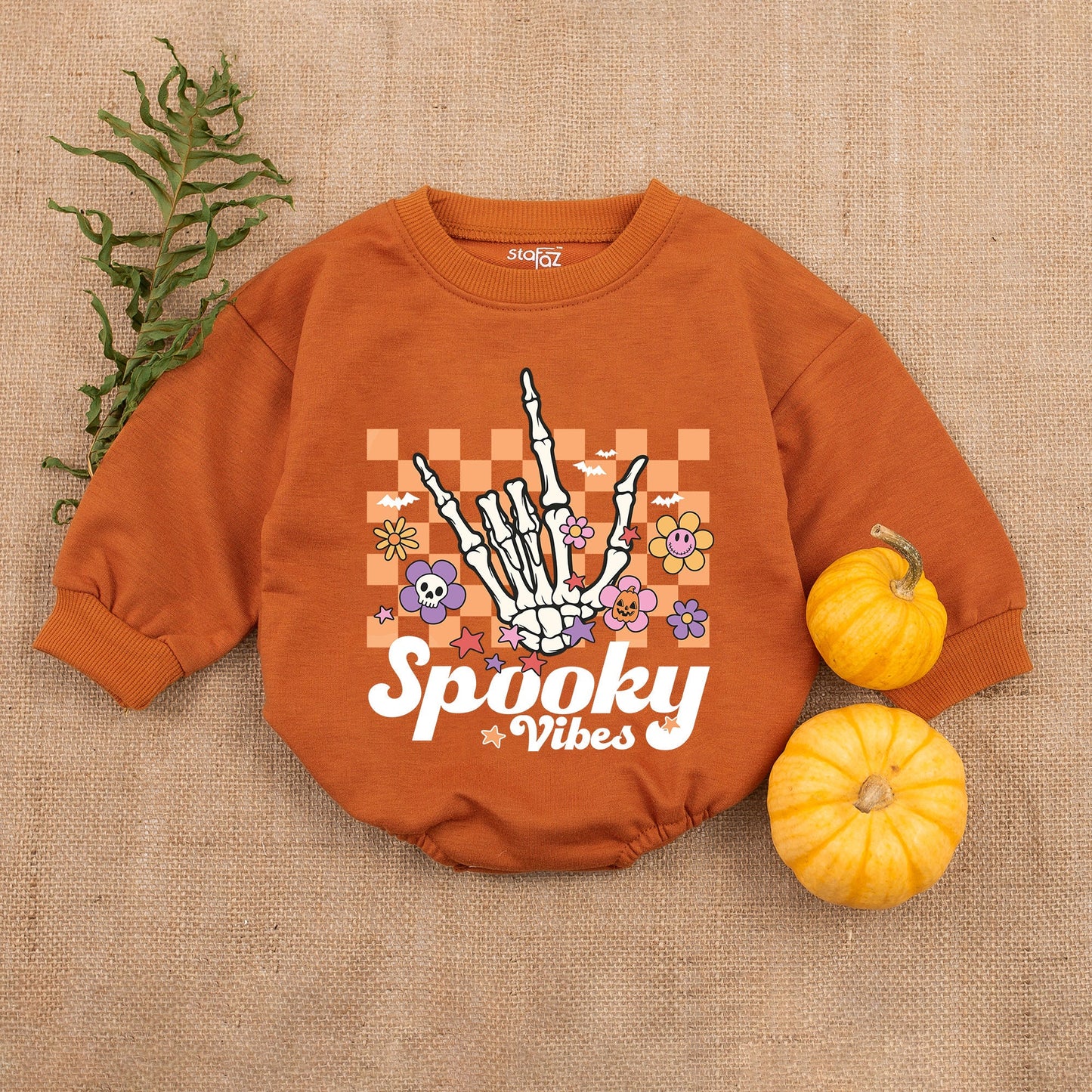 Spooky Vibes Baby Romper - Retro Halloween Outfit for Baby Boy or Girl, Comfortable Bubble Romper with Stars & Bats, My First Halloween Clothes