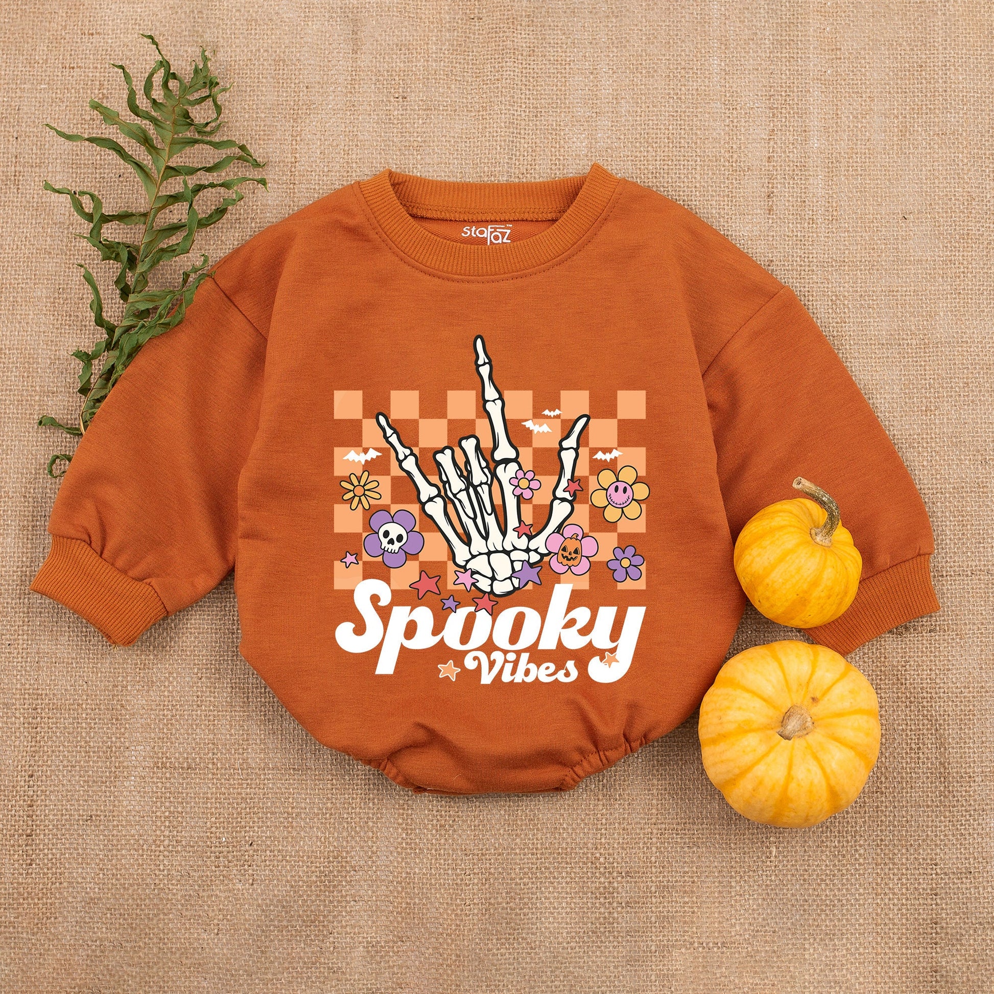 Spooky Vibes Baby Romper - Retro Halloween Outfit for Baby Boy or Girl, Comfortable Bubble Romper with Stars & Bats, My First Halloween Clothes